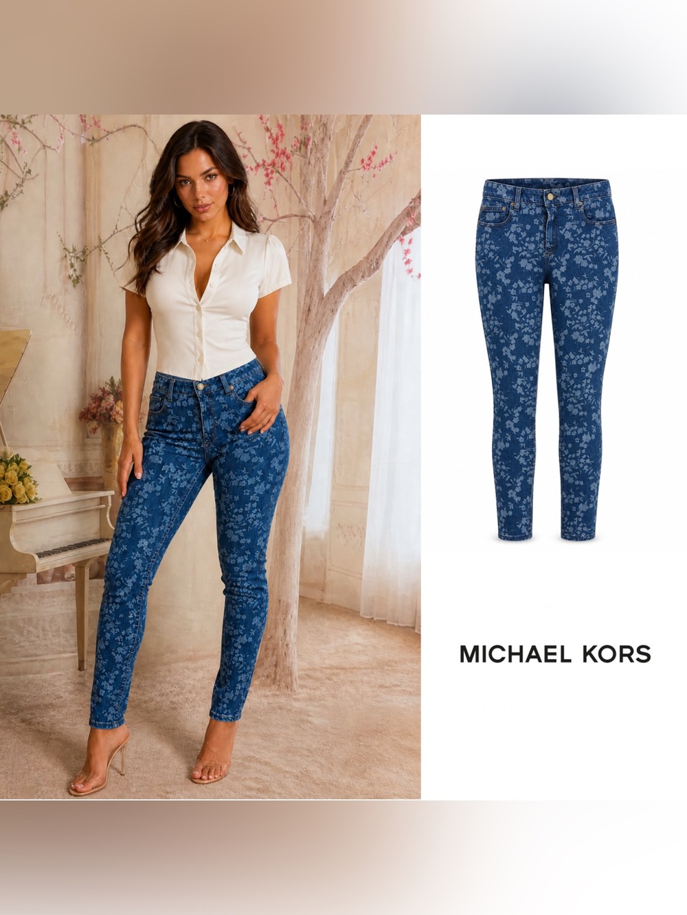 NEW Michael Kors Selma Dark Blue Floral-Print Skinny Jeans
